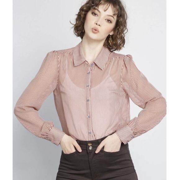 ModCloth Sheer Red Pinstripe Collar Button-Up Blouse - Picture 2 of 11